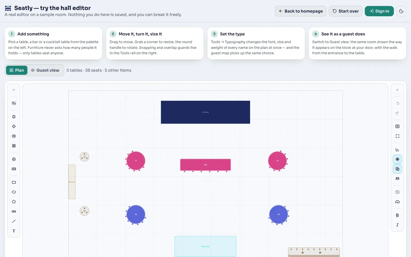 The hall editor: a floor plan with a stage, round tables and a dance floor, with the tool rails on either side