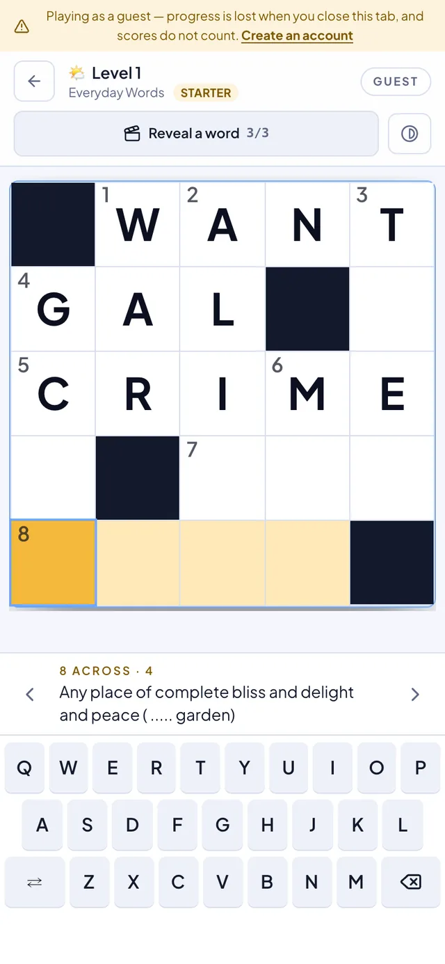 A Crossly level on a phone, the grid above the clue bar and the on-screen keyboard below it