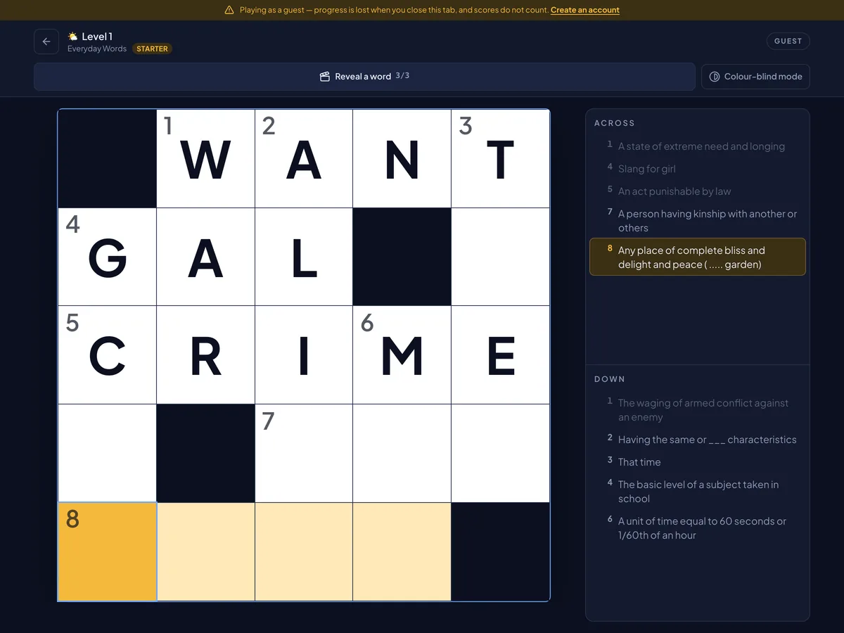 A Crossly level in progress on a tablet, grid beside the two clue lists