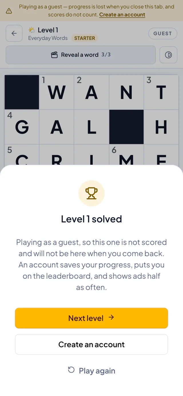 The Crossly win dialog reading Level 1 solved