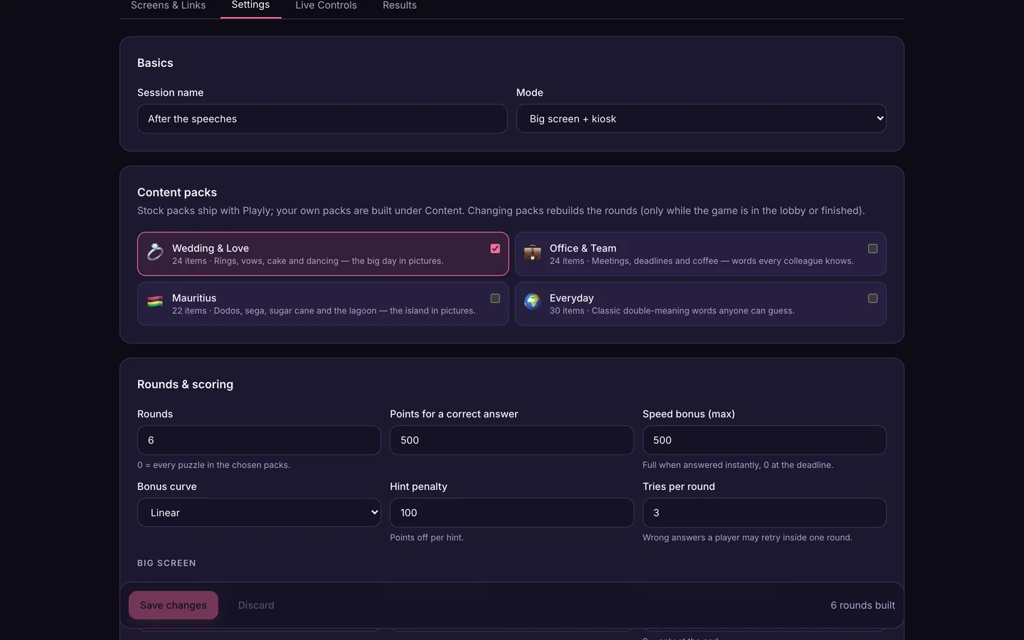 The Playly organiser console on a session's Settings tab with content pack cards