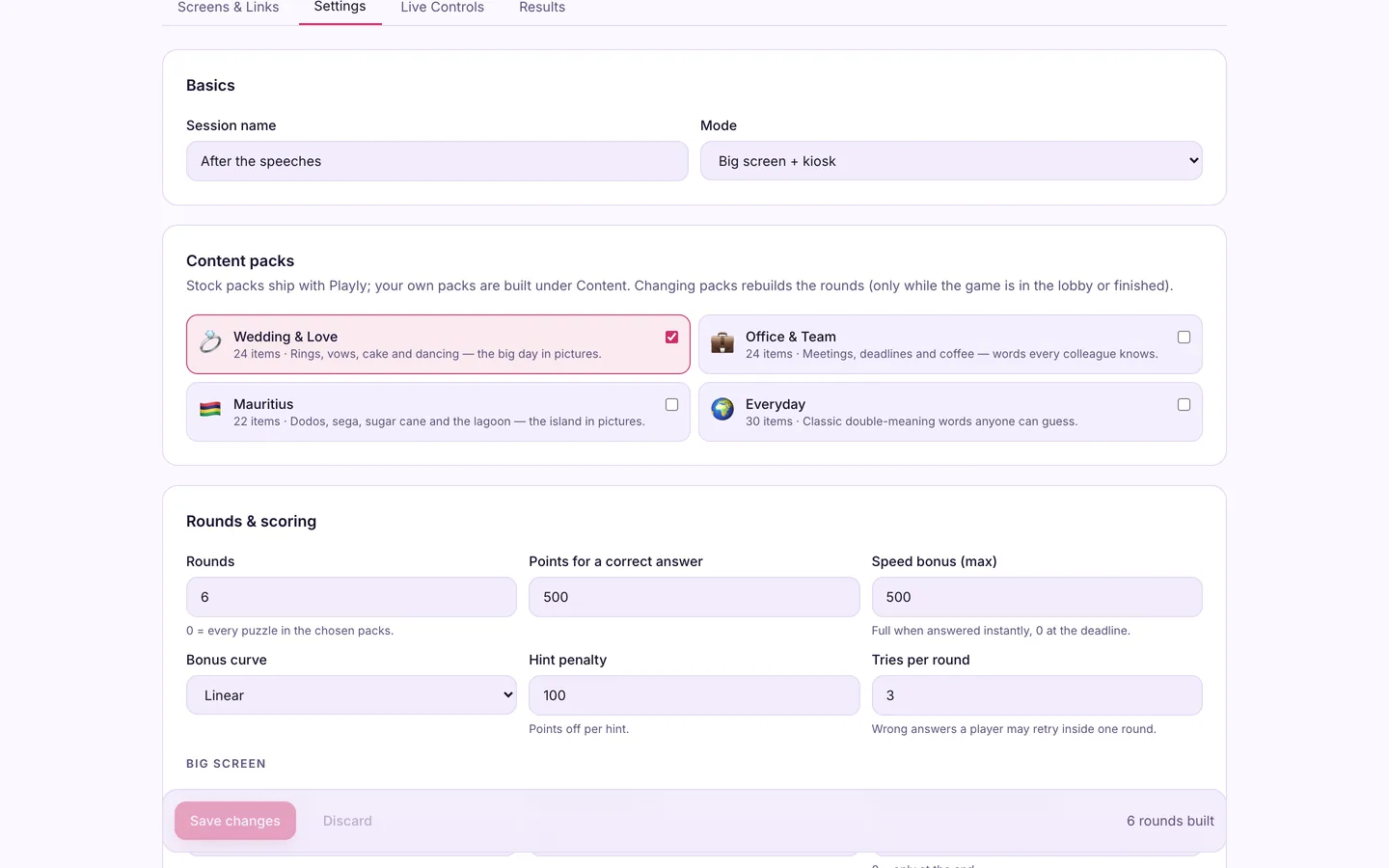 The Playly organiser console on a session's Settings tab with content pack cards