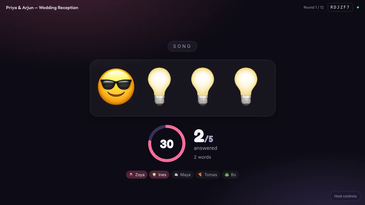 The Emoji Pictionary host screen showing a sunglasses face and three light bulbs, with a countdown