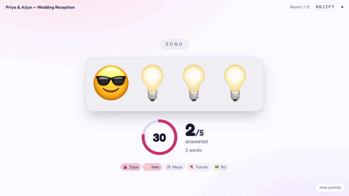 The Emoji Pictionary host screen showing a sunglasses face and three light bulbs, with a countdown