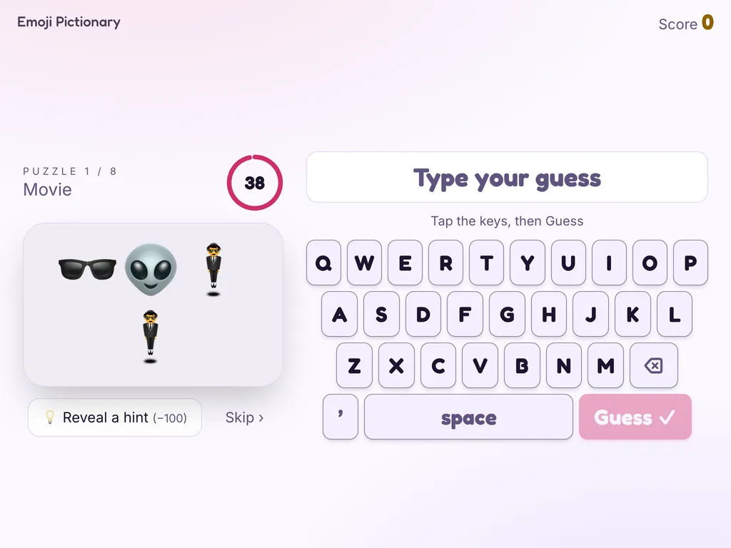 Emoji Pictionary on a tablet kiosk with an on-screen keyboard and the answer being typed