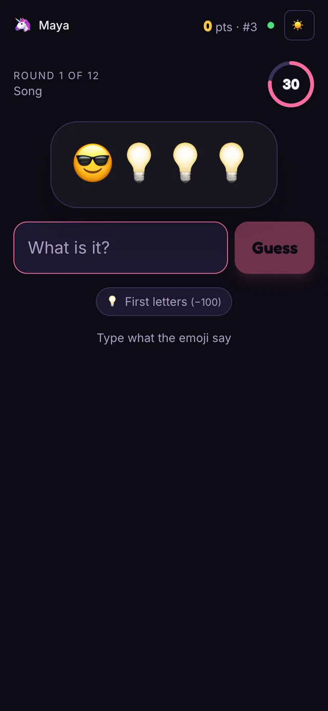 The Emoji Pictionary player view on a phone with the puzzle, a first-letters hint and a text box