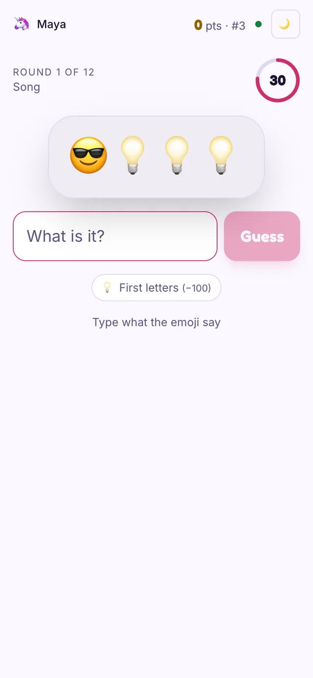 The Emoji Pictionary player view on a phone with the puzzle, a first-letters hint and a text box