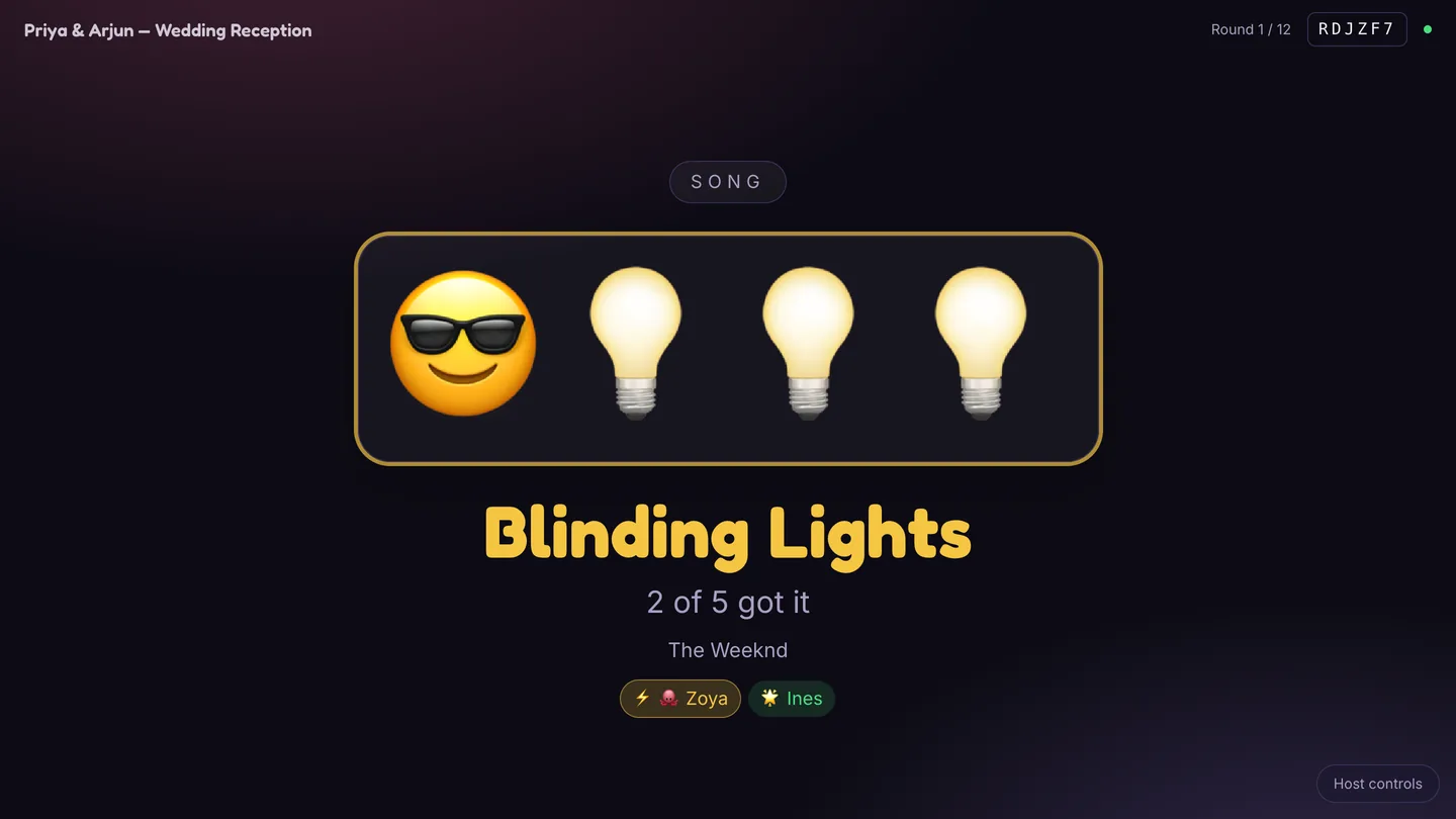 The Emoji Pictionary reveal reading Blinding Lights, 2 of 5 got it