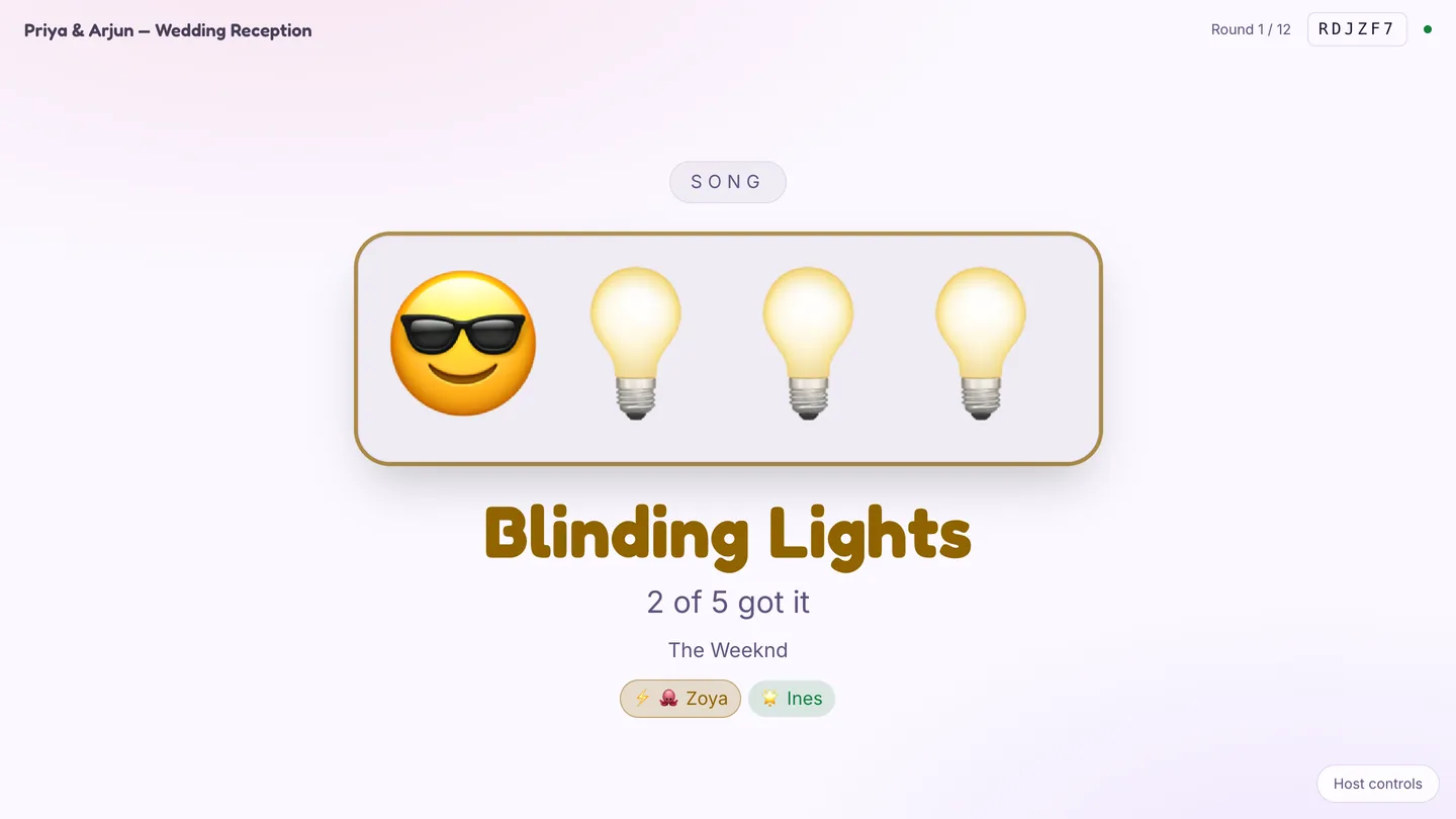 The Emoji Pictionary reveal reading Blinding Lights, 2 of 5 got it