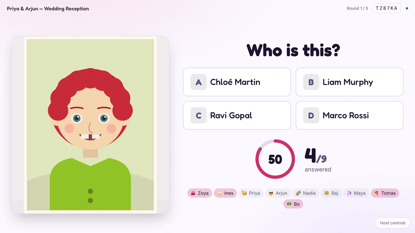 The Guess Who host screen with a framed cartoon childhood photo, four name options and a countdown