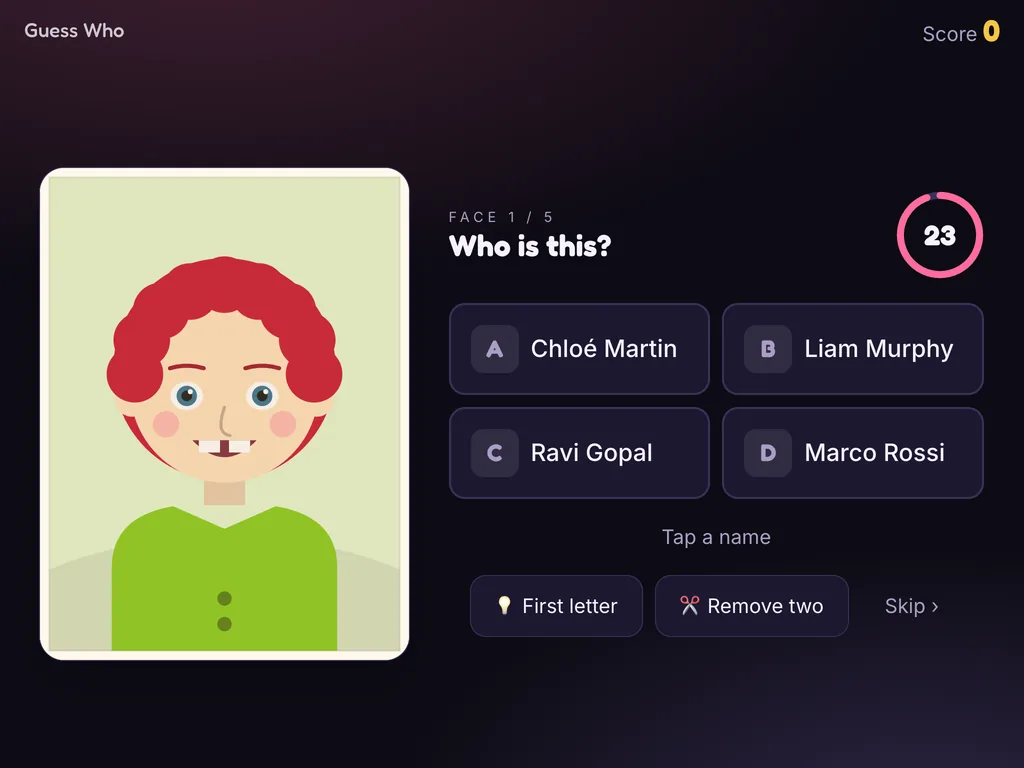 Guess Who on a tablet kiosk, face 1 of 8, with four names and hint buttons