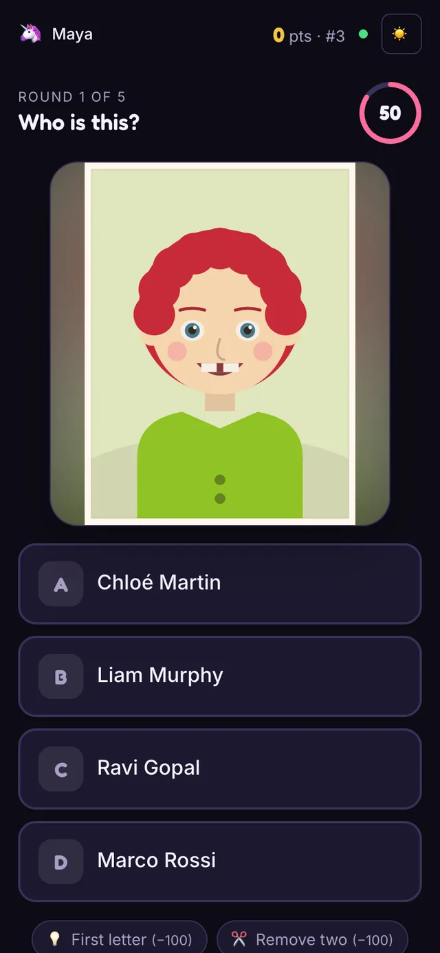 The Guess Who player view on a phone with the photo and four name buttons