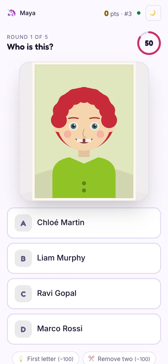 The Guess Who player view on a phone with the photo and four name buttons