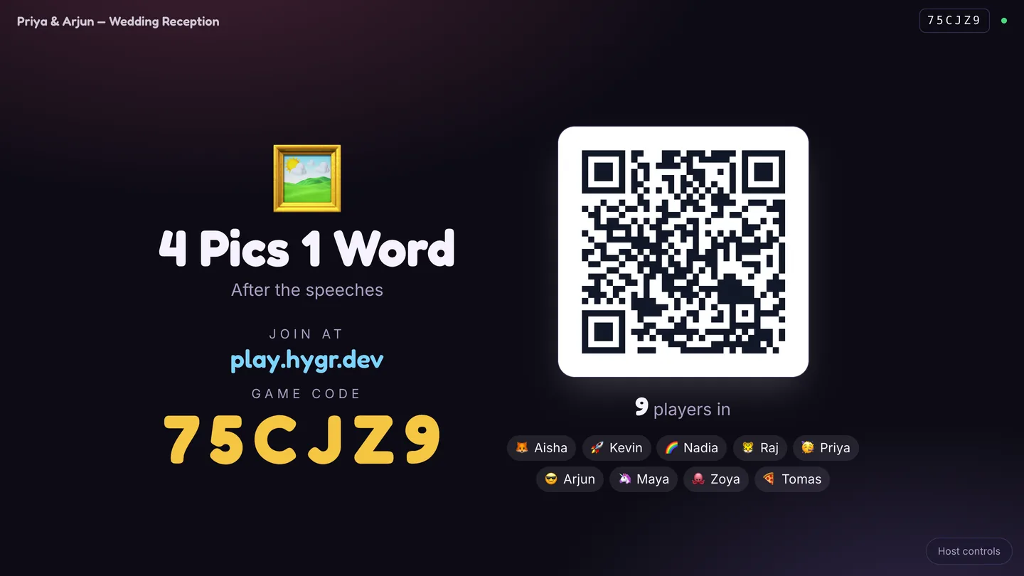 The Playly host screen showing a QR code, the game code 75CJZ9 and nine players joined