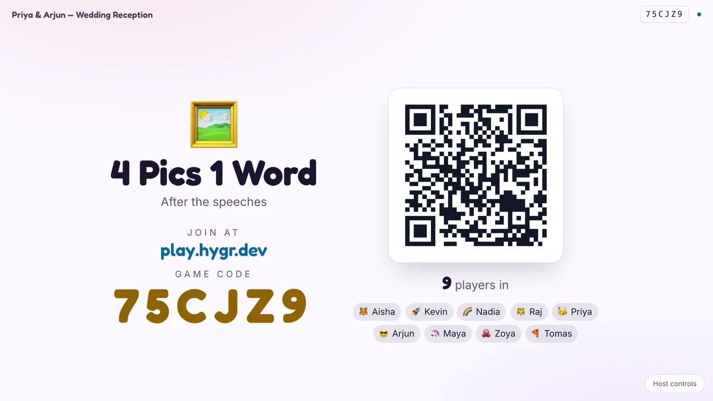 The Playly host screen showing a QR code, the game code 75CJZ9 and nine players joined