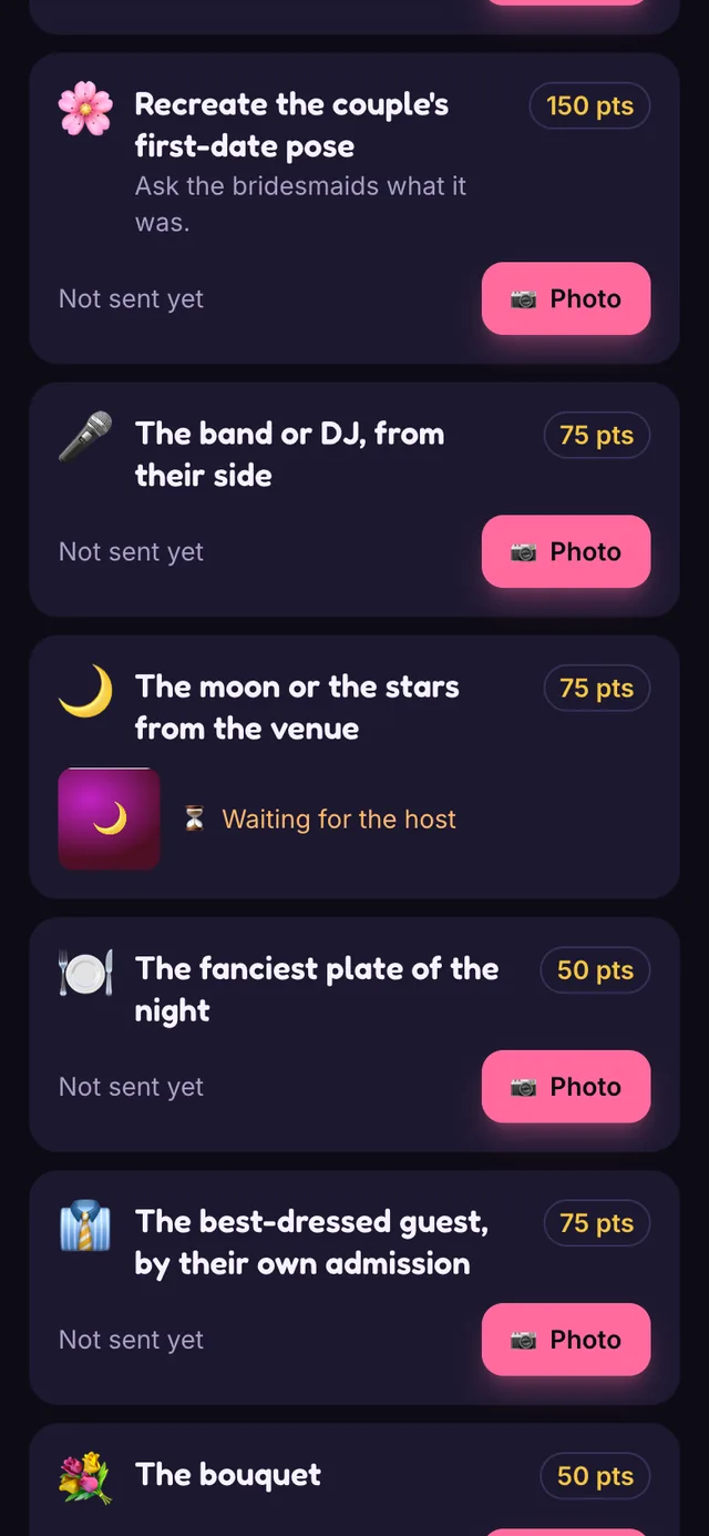 The Photo Scavenger Hunt player view on a phone with a submitted photo marked Waiting for the host