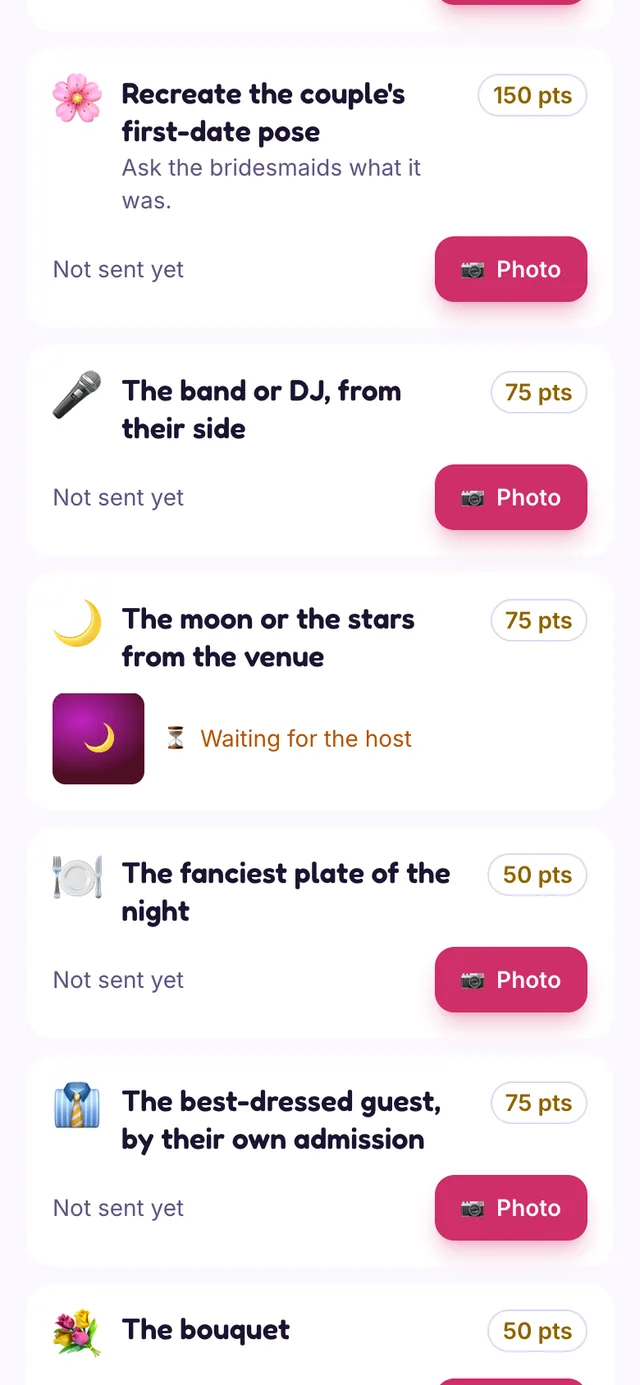 The Photo Scavenger Hunt player view on a phone with a submitted photo marked Waiting for the host