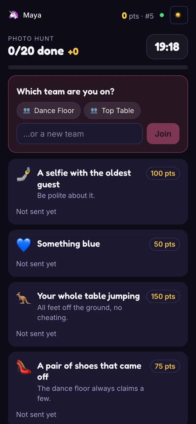 The Photo Scavenger Hunt player view on a phone asking which team you are on, above the mission list