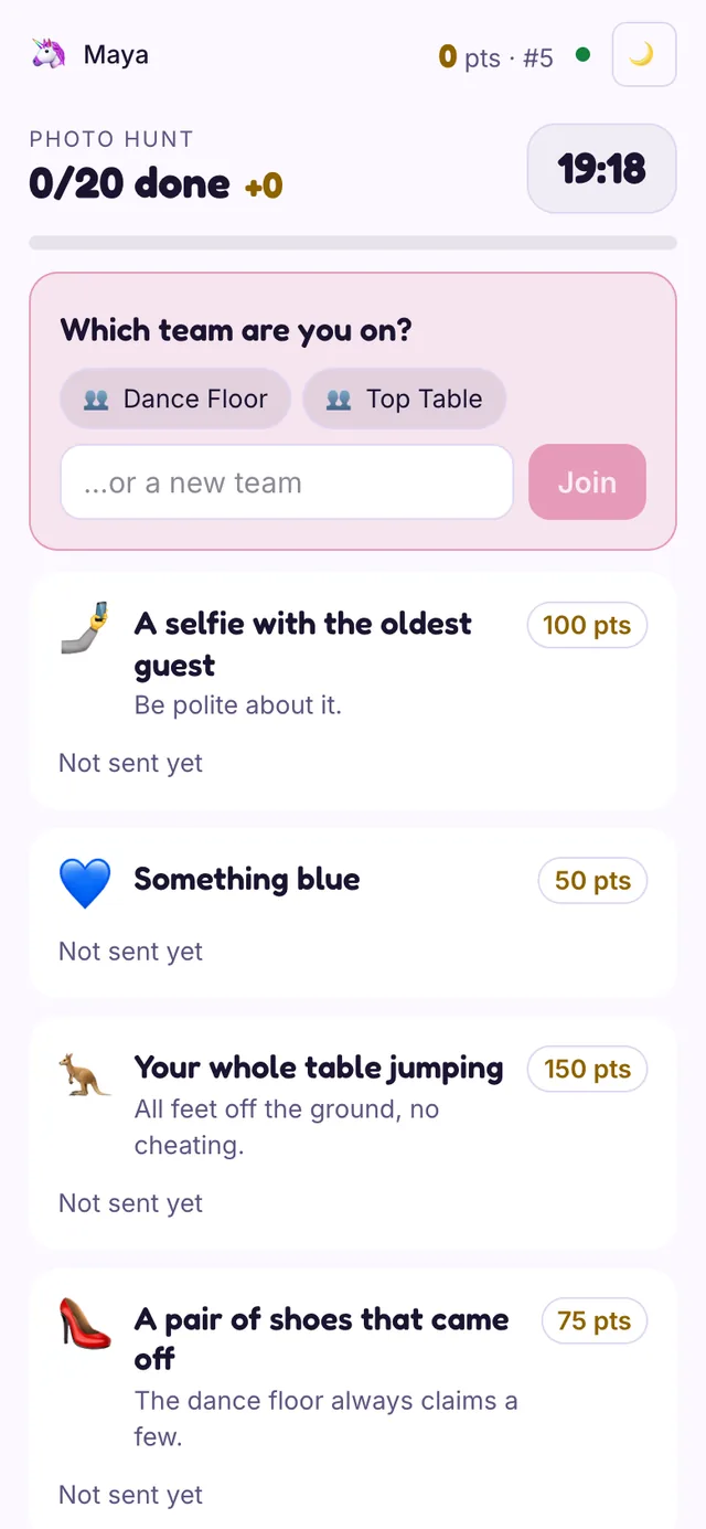 The Photo Scavenger Hunt player view on a phone asking which team you are on, above the mission list
