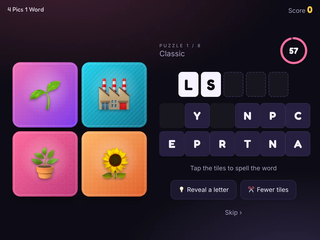 The Playly kiosk on a tablet showing puzzle 1 of 8, the tile keyboard and the clock