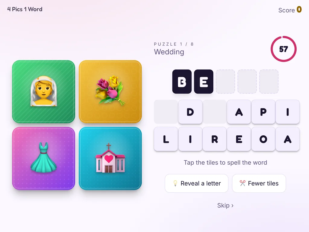 The Playly kiosk on a tablet showing puzzle 1 of 8, the tile keyboard and the clock