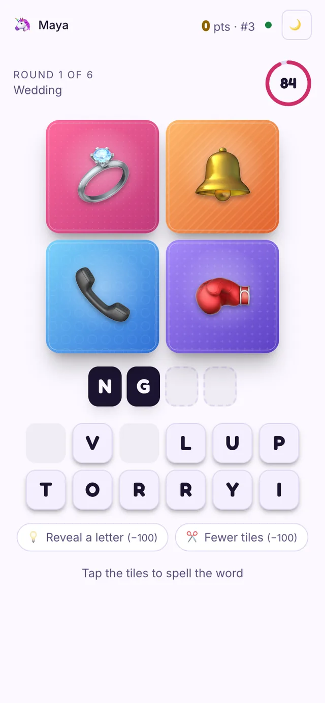 The Playly player view on a phone with four pictures, answer boxes, a tile keyboard and two hint buttons