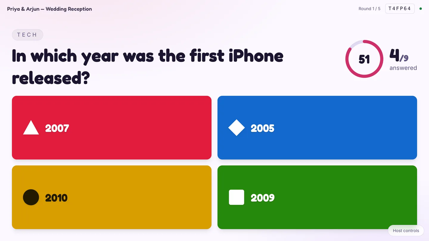 The Live Quiz host screen asking in which year the first iPhone was released, with four coloured answer cards