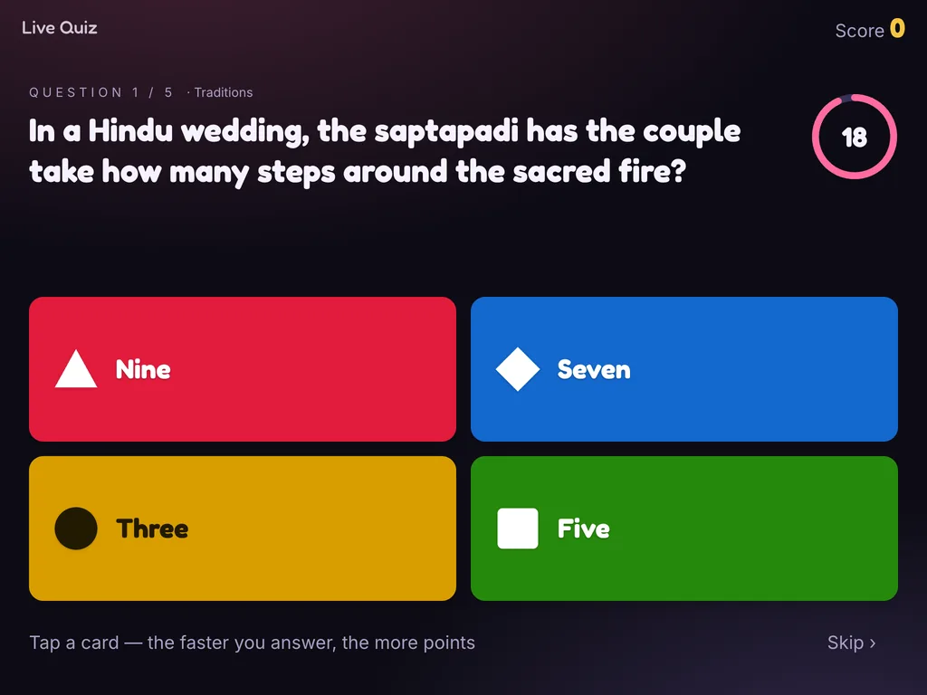 Live Quiz on a tablet kiosk with a question and four coloured cards
