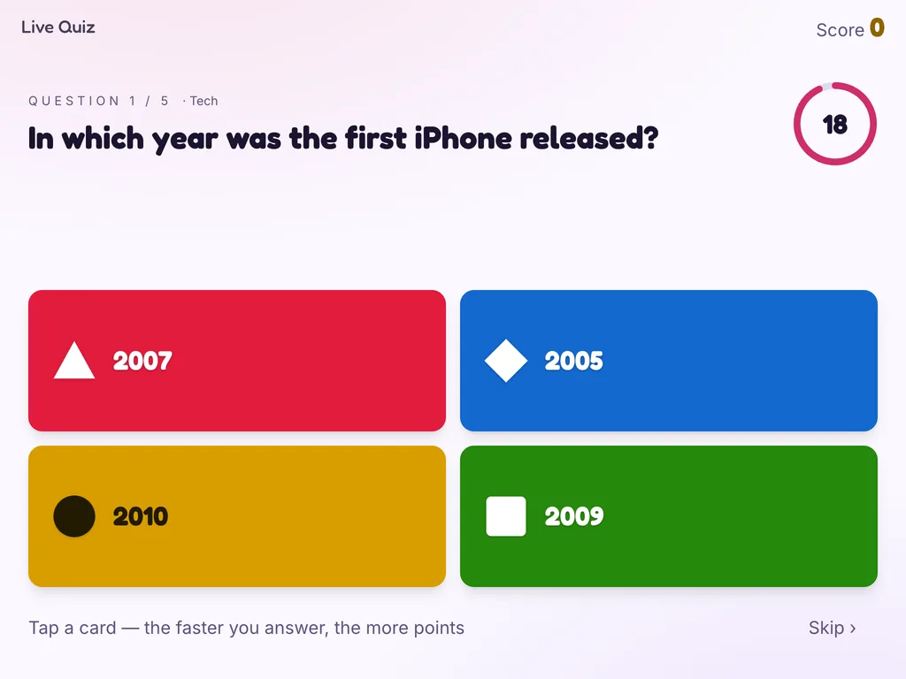 Live Quiz on a tablet kiosk with a question and four coloured cards