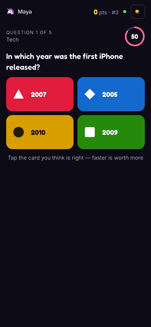 The Live Quiz player view on a phone with four coloured option cards