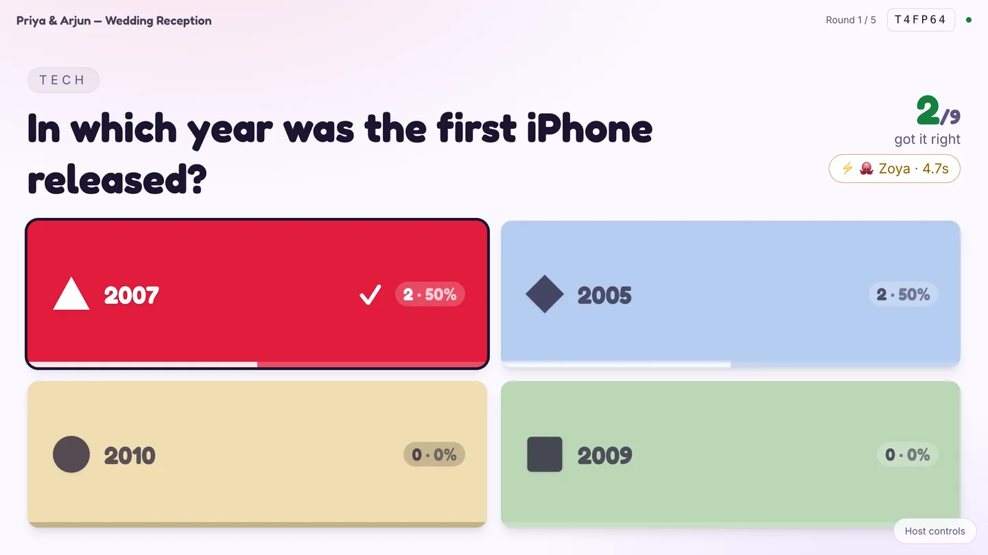 The Live Quiz reveal with the correct answer highlighted and percentage bars under each option