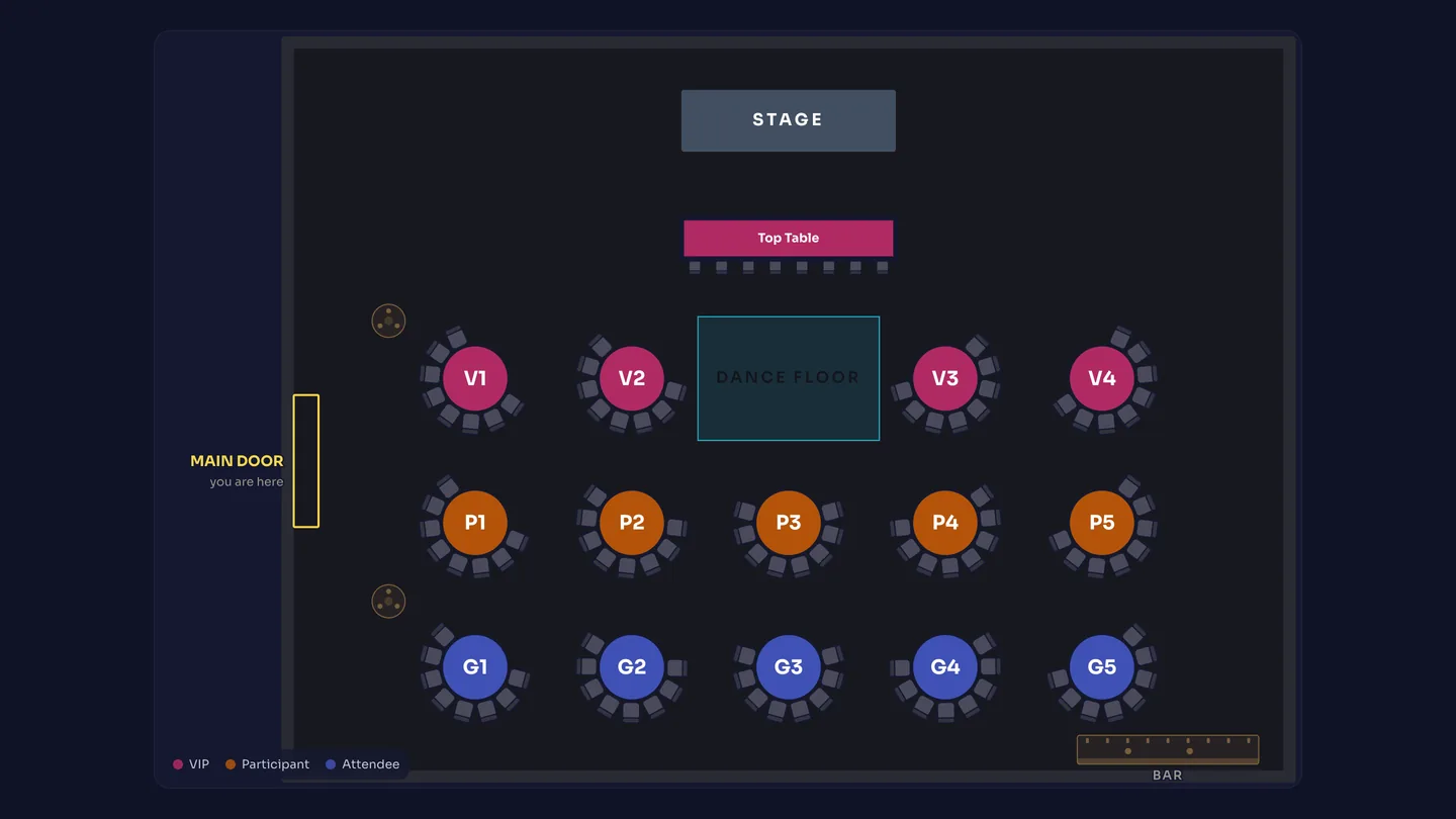 The hall plan filling the whole screen with every table and chair