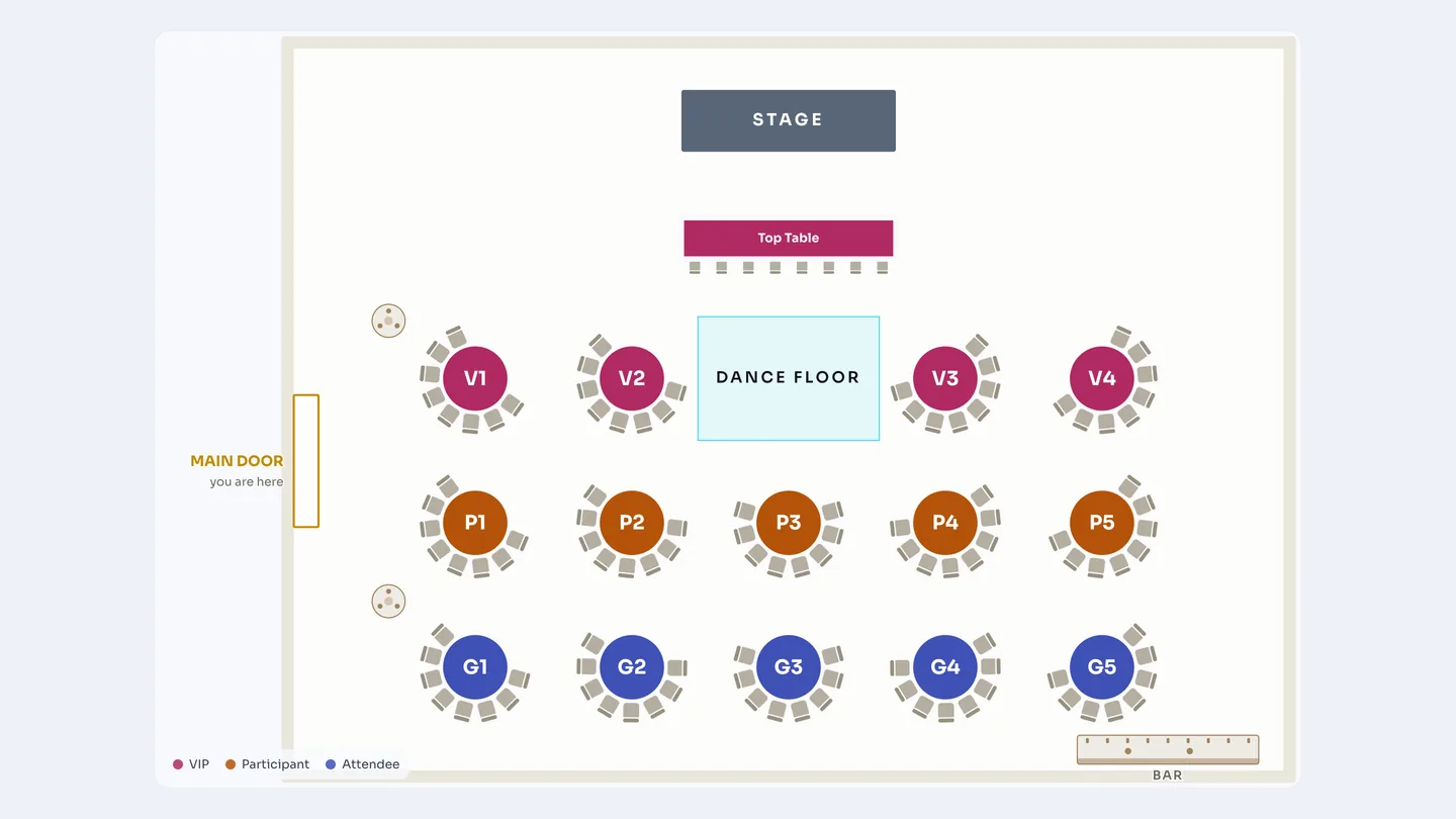 The hall plan filling the whole screen with every table and chair