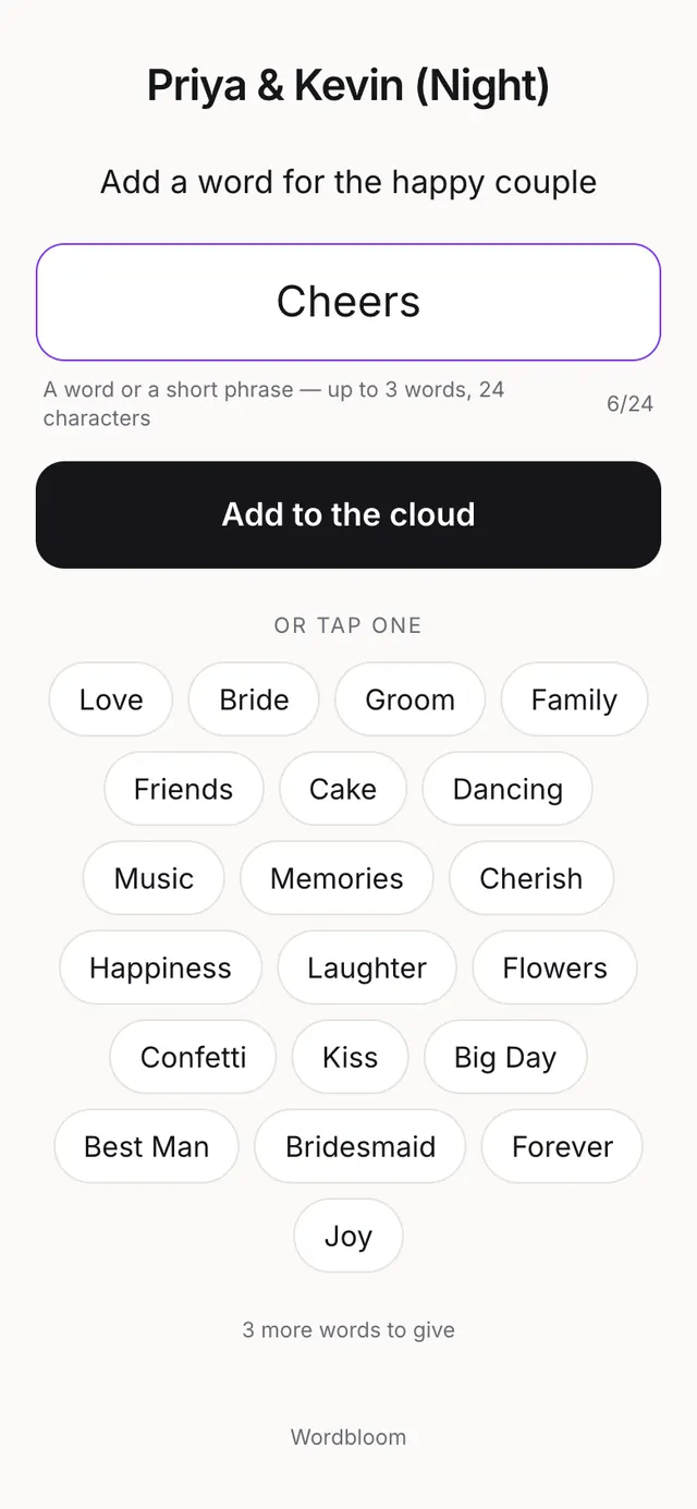 The Wordbloom guest page on a phone with the word Cheers typed and an Add to the cloud button