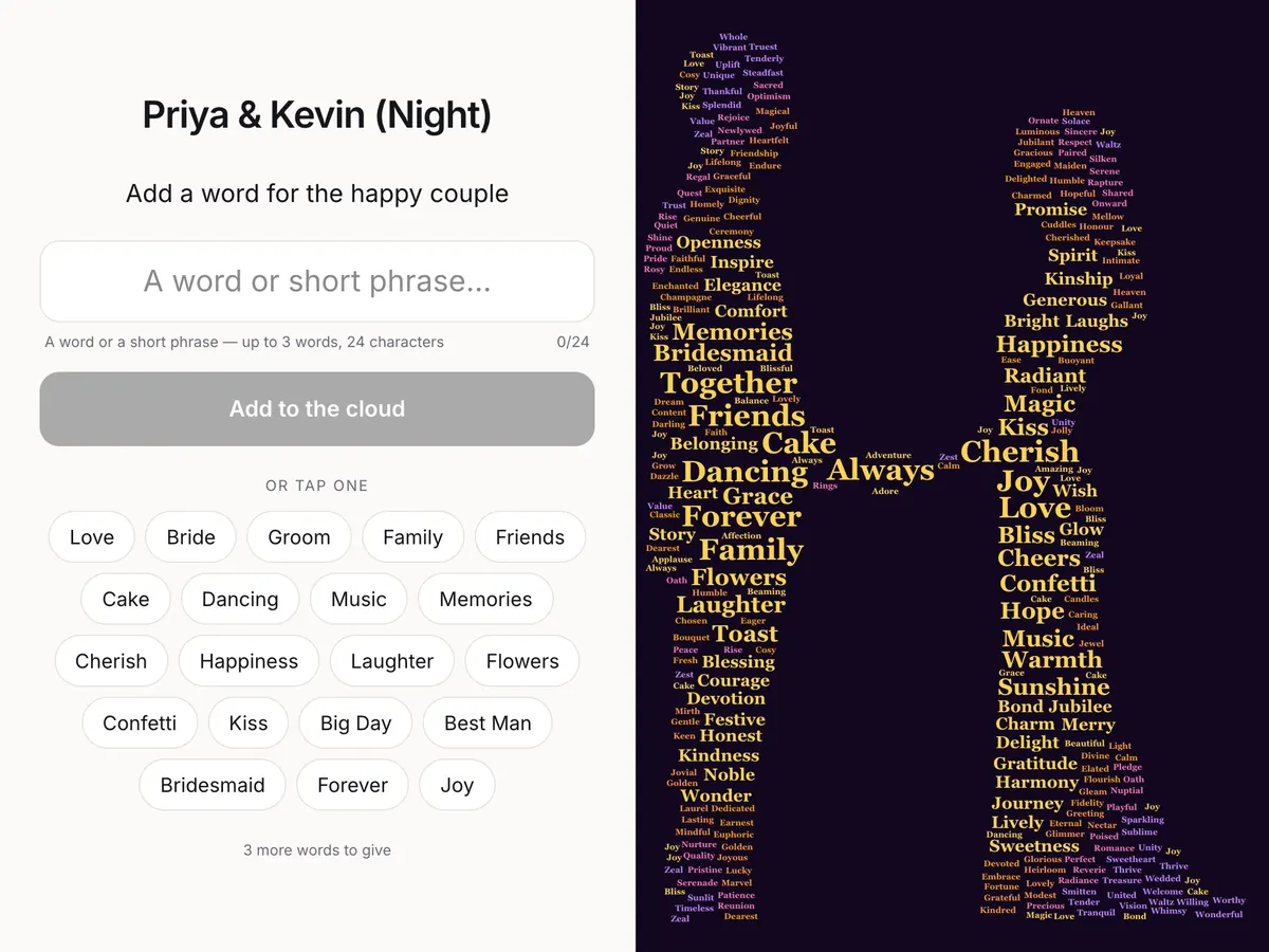 The Wordbloom kiosk on a tablet with a word entry form beside the growing word cloud